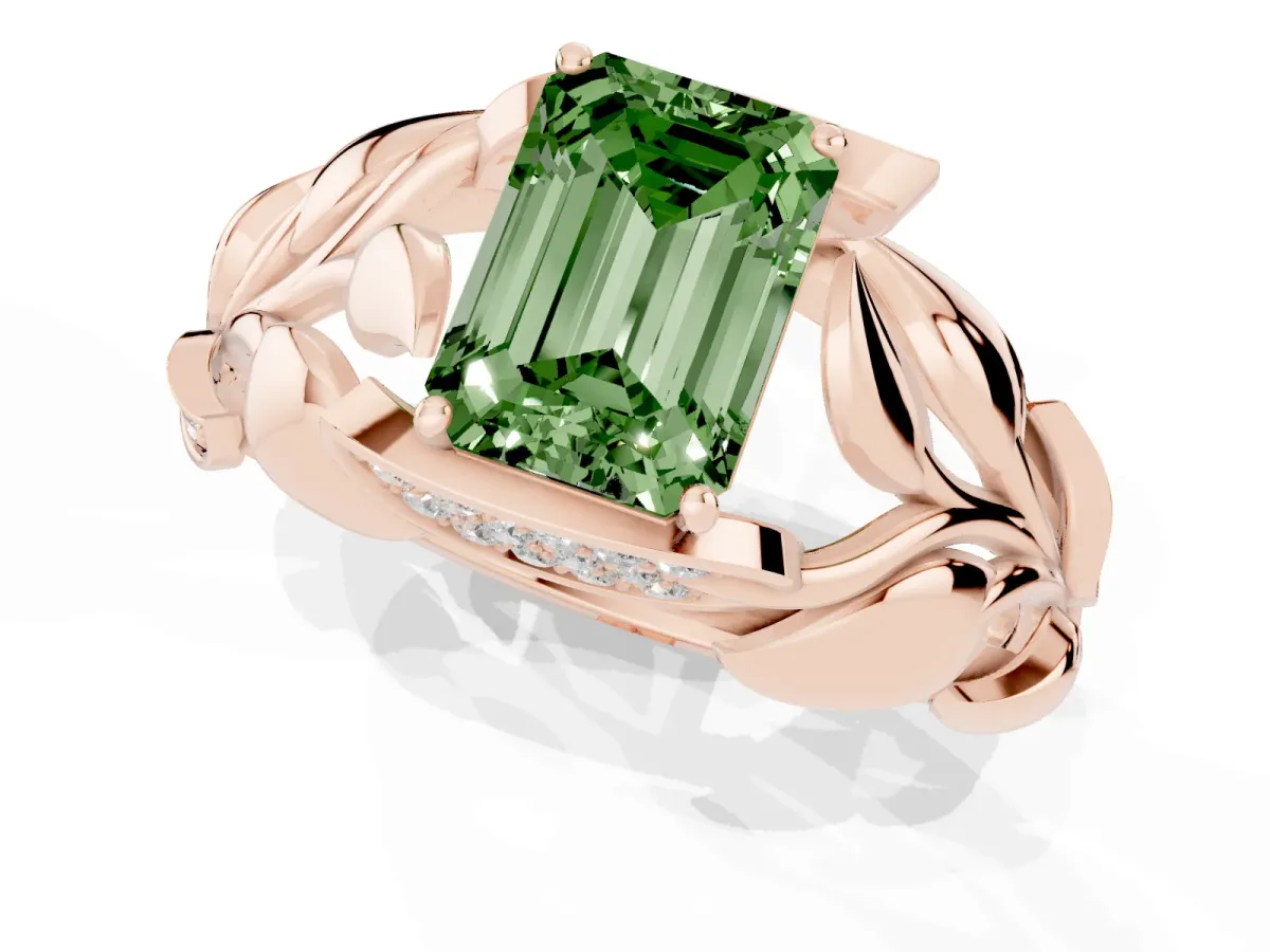 Fancy Green Emerald Cut Diamond Leaf-Inspired Engagement Ring with Round Accents and Prong Setting Rose gold