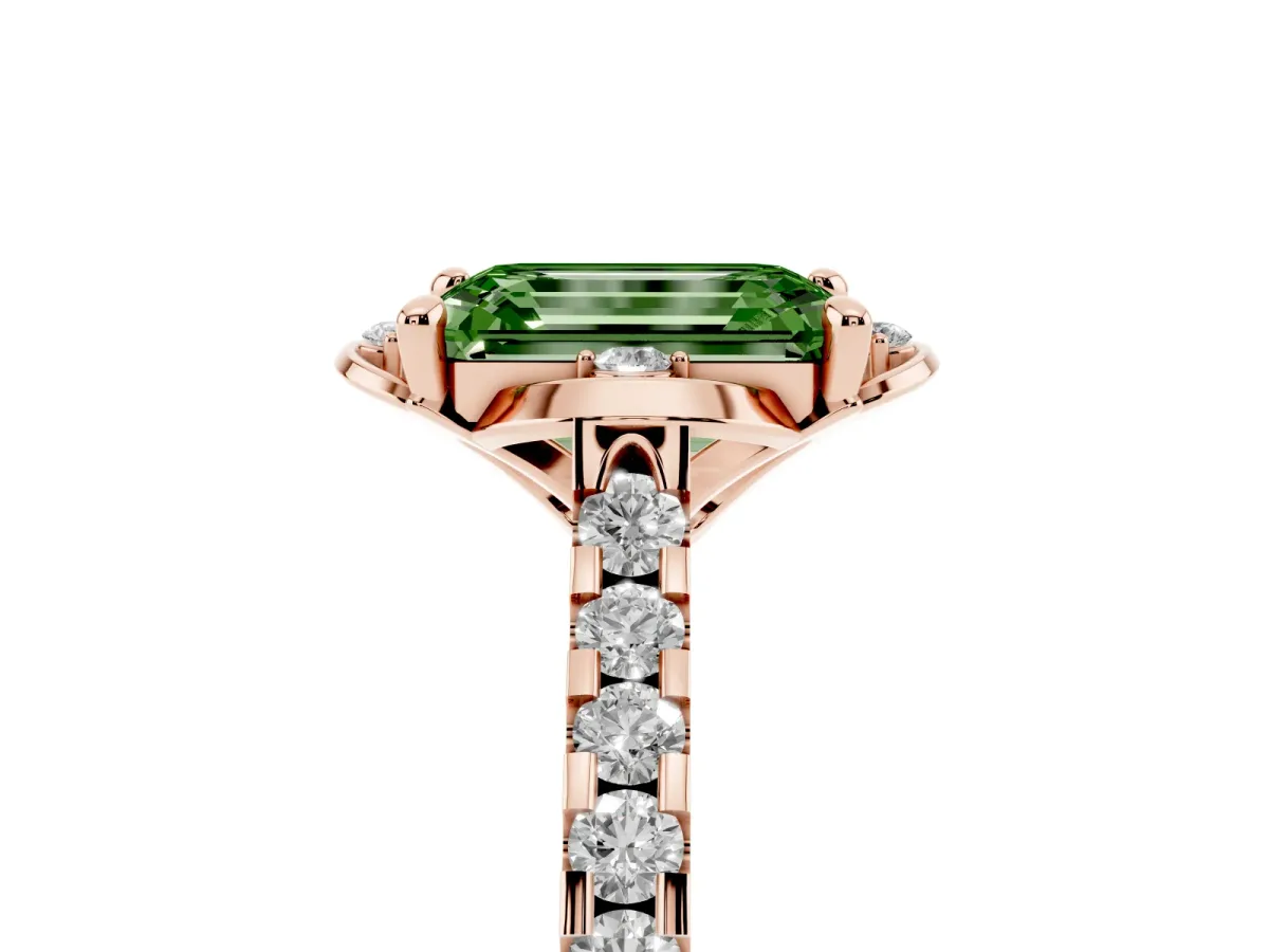Fancy Green Emerald Cut Diamond Ring with Pavé Band and Floral Prong Setting Rose gold