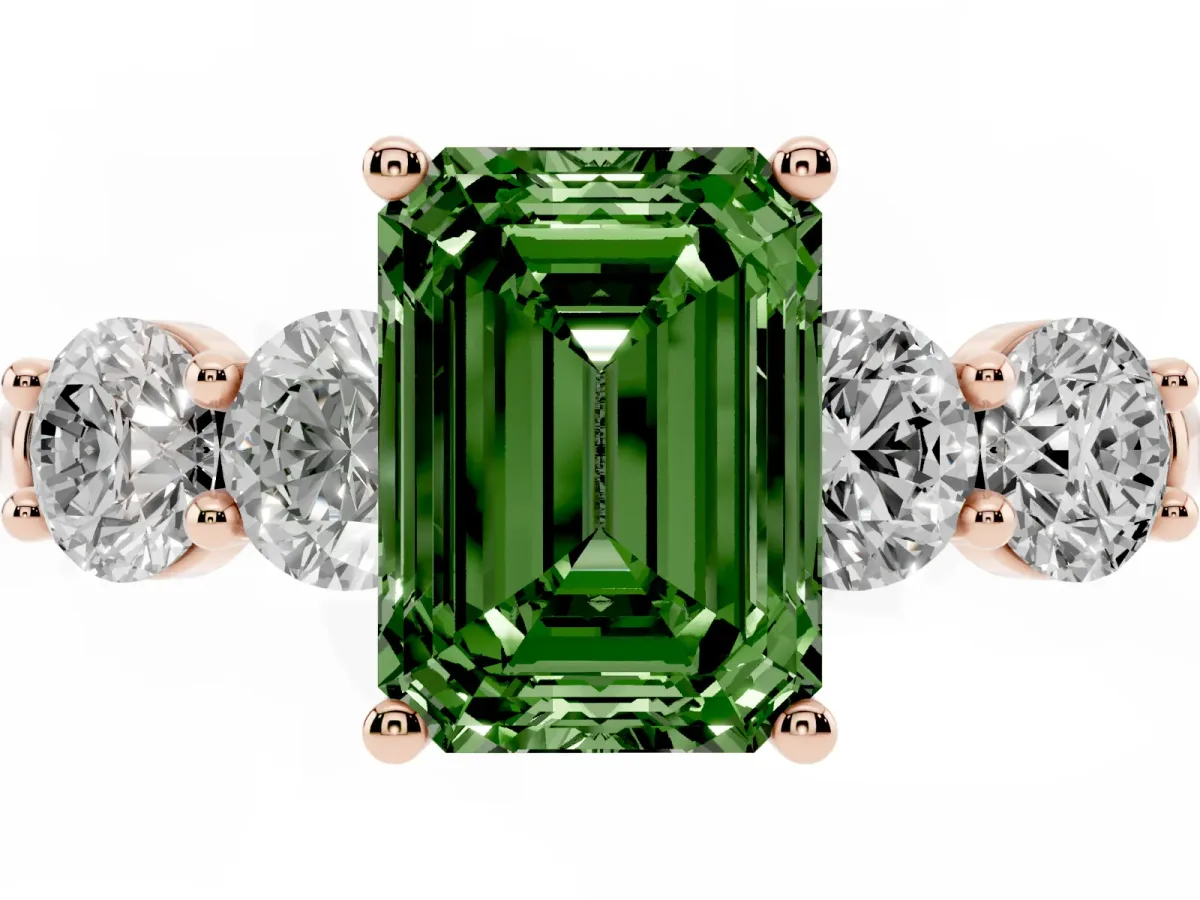 Fancy Green Emerald Cut Cut Five-Stone Prong Set Diamond Ring with Classic Band Rose gold