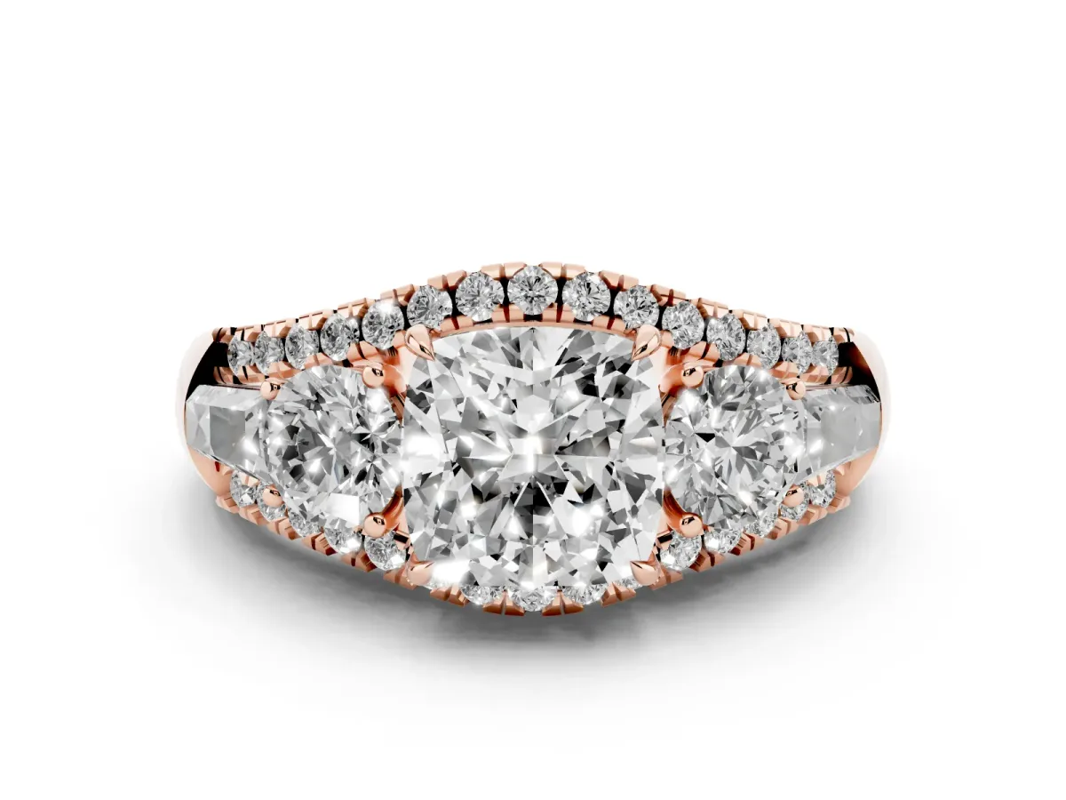 Three-Stone Cushion Cut Diamond Engagement Ring with Pave Band and Prong Setting Rose gold
