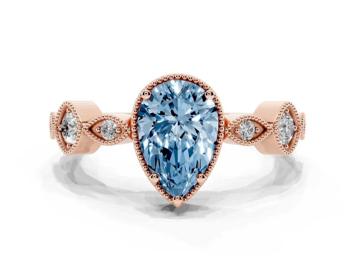 Fancy Blue Pear Cut Diamond Vintage Milgrain Ring with Round Stations Rose gold