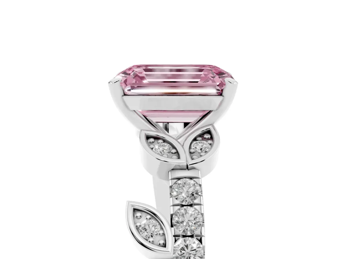 Fancy Pink Emerald Cut Solitaire Leaf-Inspired Diamond Ring with Pavé Band and Four-Prong Setting Silver