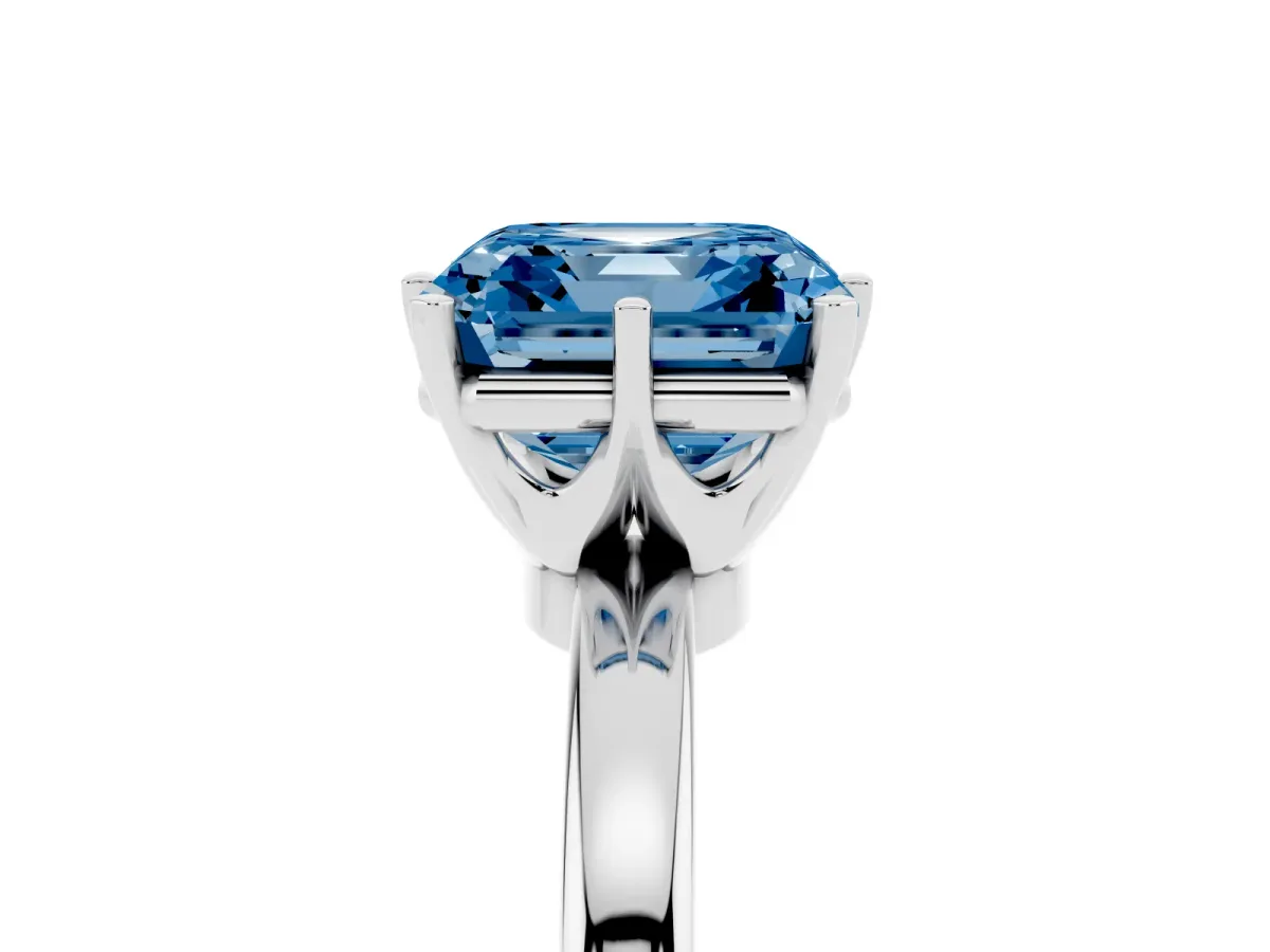 Fancy Blue Asscher Cut Solitaire Diamond Ring with Six-Prong Setting on a Classic Band Silver