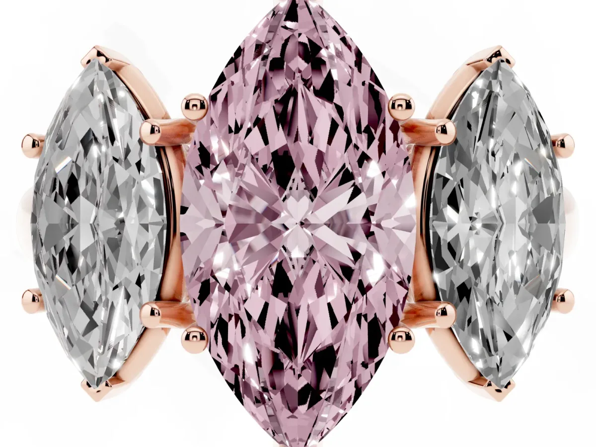 Fancy Pink Three-Stone Marquise Cut Diamond Engagement Ring with Prong Setting Rose gold
