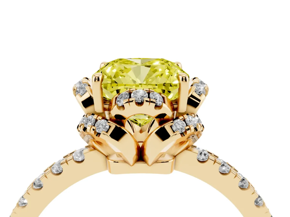 Fancy Yellow Cushion Cut Halo Diamond Pave Band Ring with Four-Prong Setting Yellow gold
