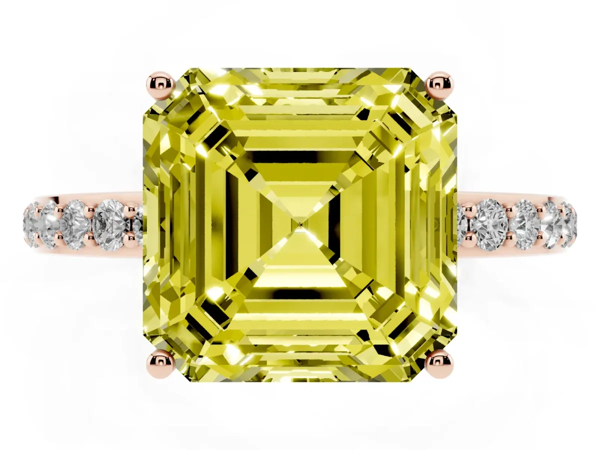 Fancy Yellow Asscher Cut Diamond Solitaire Ring with Pavé Band and Hidden Halo Rose gold