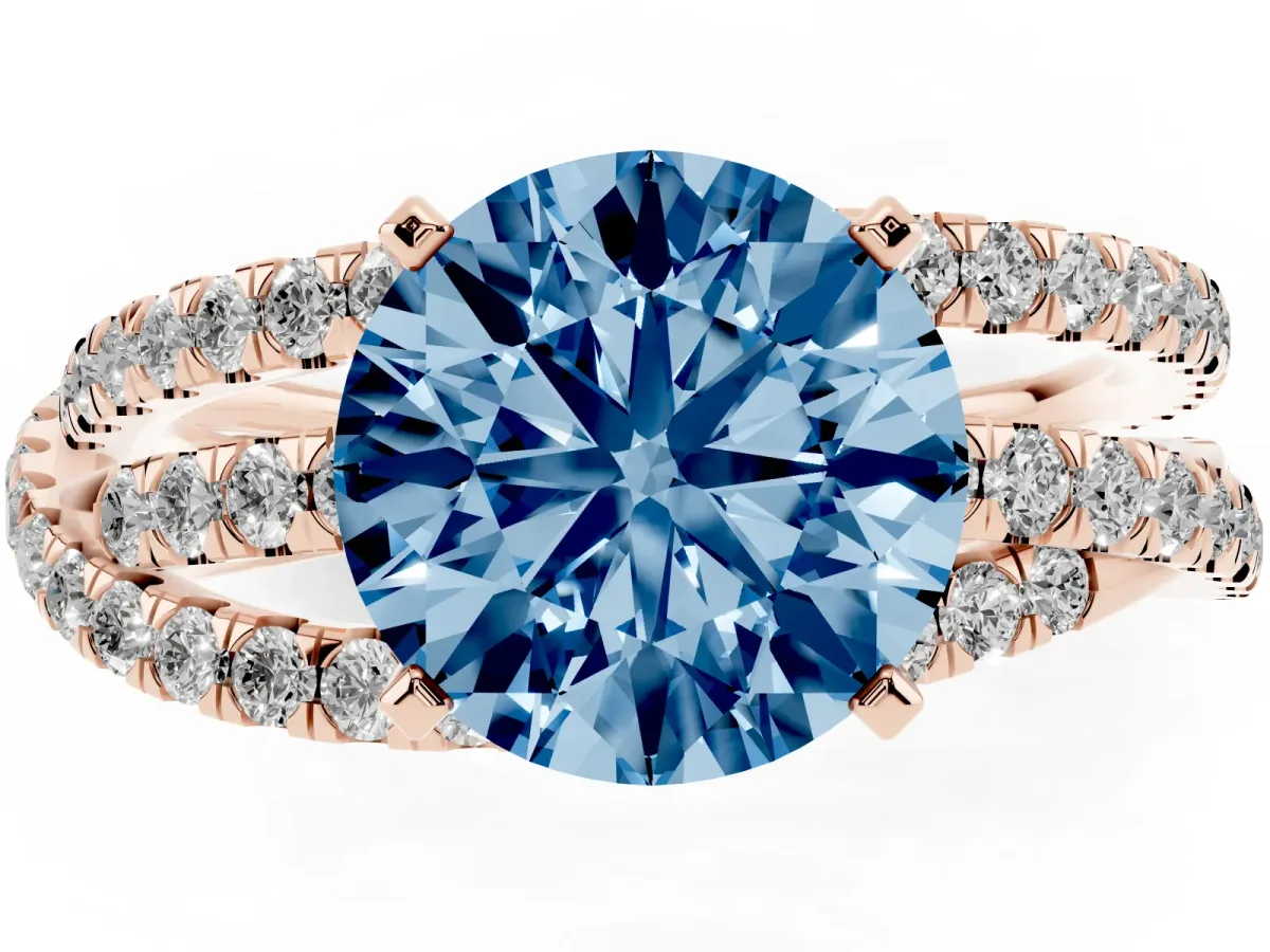 Fancy Blue Round Cut Solitaire Twist Band with Pavé Setting and Four-Prong Setting Rose gold