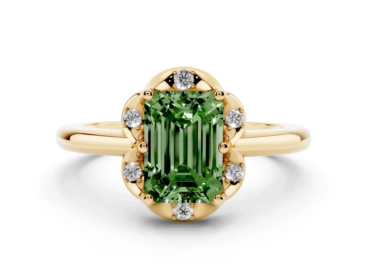 Fancy Green Emerald Cut Halo Diamond Ring with Round Cluster Setting, Solitaire Band, and Four-Prong Setting Yellow gold