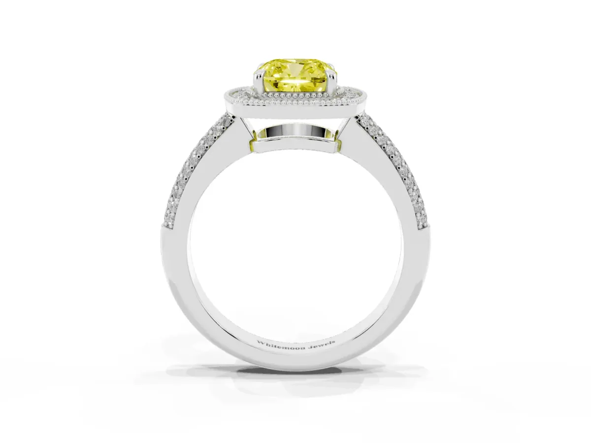 Fancy Yellow Cushion Cut Cut Halo Diamond Pave Band with Four-Prong Setting Platinum