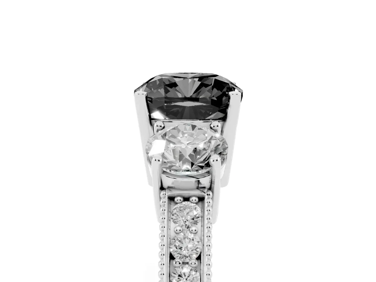 Fancy Black Cushion Cut Three-Stone Diamond Ring with Pavé Band and Four-Prong Setting Silver