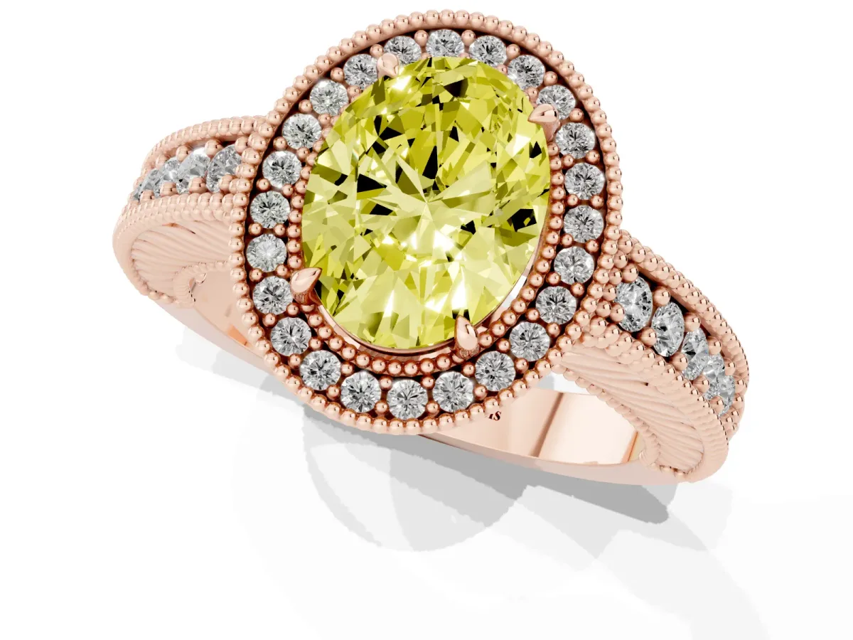 Fancy Yellow Oval Cut Cut Halo Diamond Ring with Pavé Band and Four-Prong Setting Rose gold