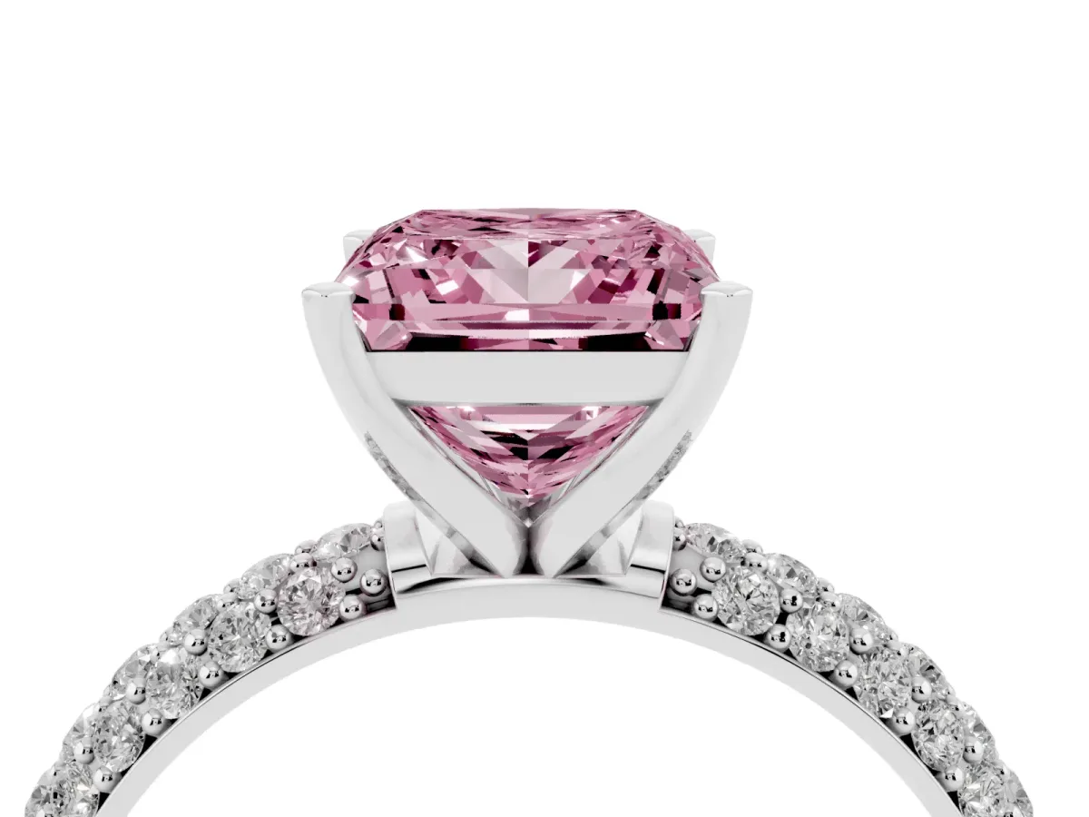 Fancy Pink Princess Cut Diamond Solitaire Ring with Prong Setting and Pavé Band Platinum