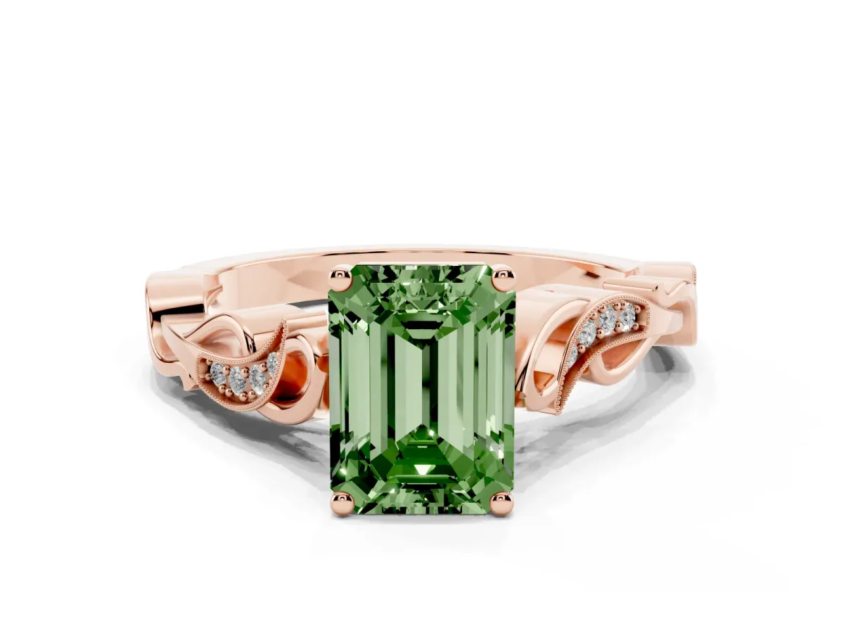 Fancy Green Emerald Cut Solitaire Vine Band with Milgrain Prong Setting Rose gold