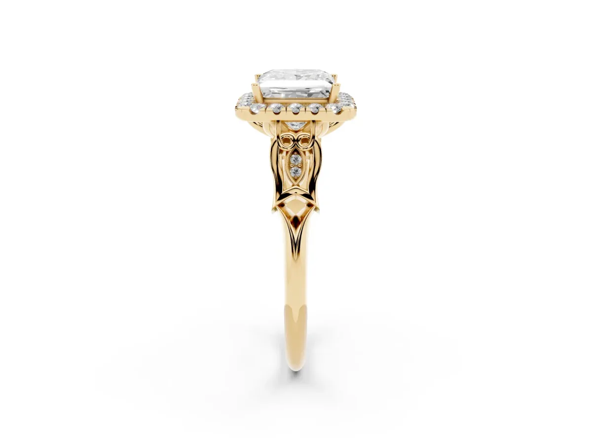 Princess Cut Halo Diamond Engagement Ring with Filigree Band and Four-Prong Setting Yellow gold