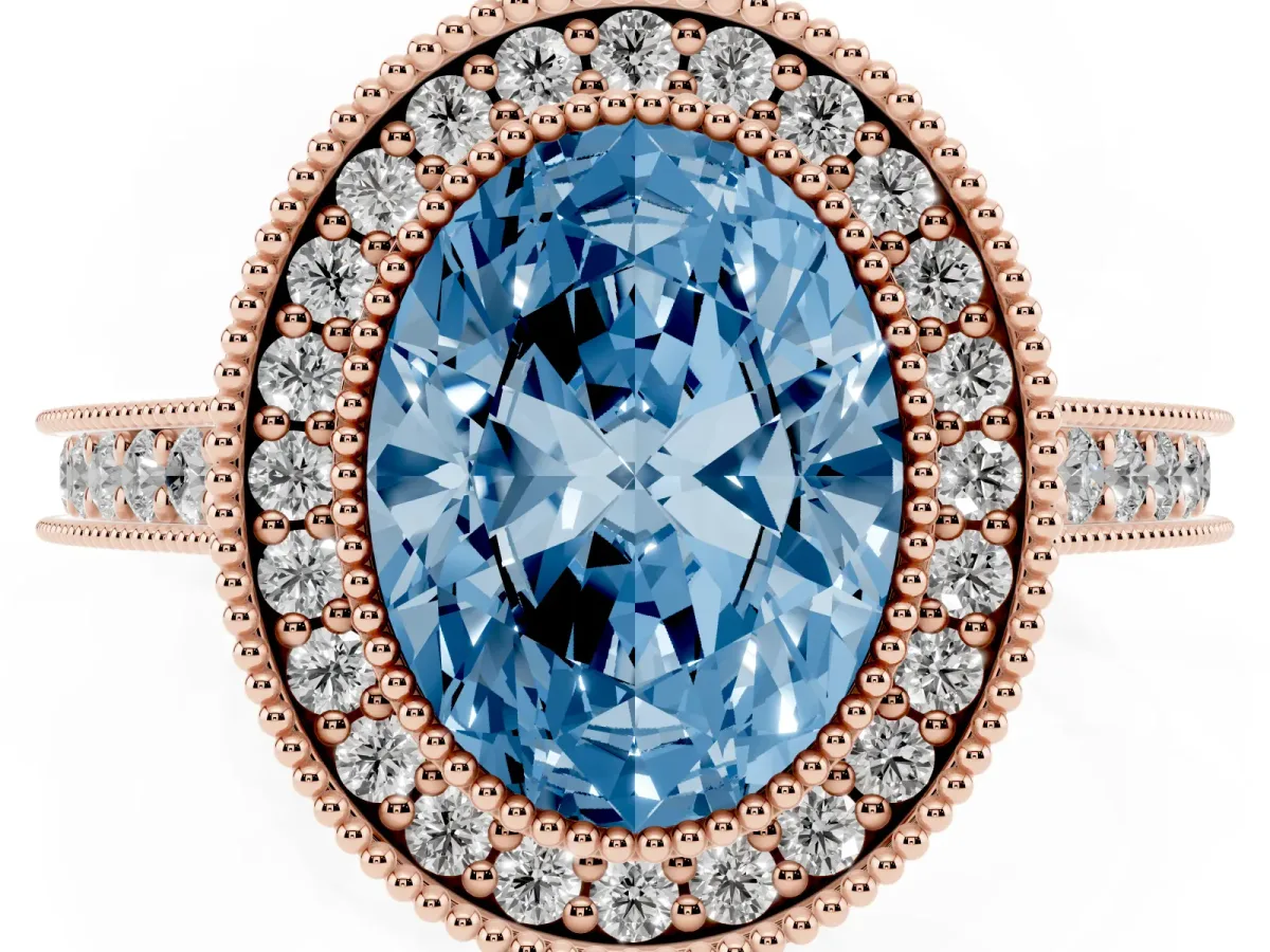 Fancy Blue Halo Oval Cut-Cut Diamond Pave Band Milgrain Prong Setting Ring Rose gold