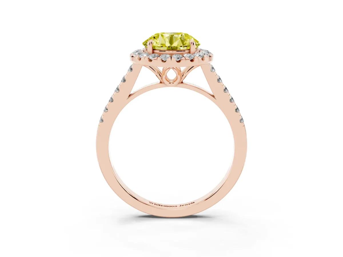 Fancy Yellow Round Cut Halo Pavé Diamond Engagement Ring with Four-Prong Setting Rose gold