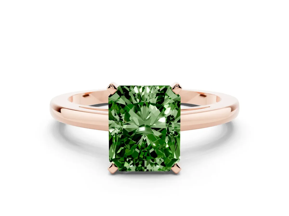 Fancy Green Radiant Cut Solitaire Diamond Engagement Ring with Four-Prong Setting on a Classic Band Rose gold