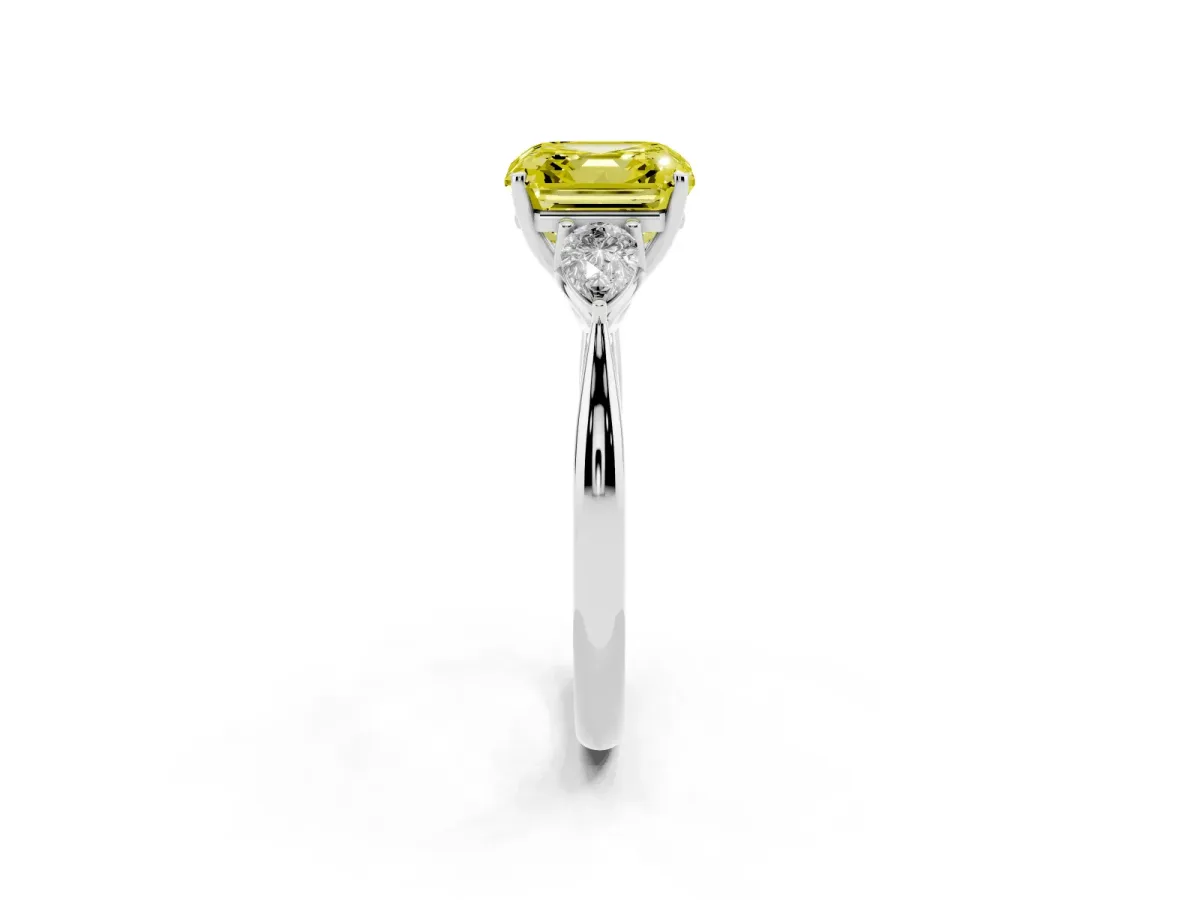 Fancy Yellow Asscher Cut Diamond Three-Stone Ring with Pear Side Stones and Prong Setting Silver