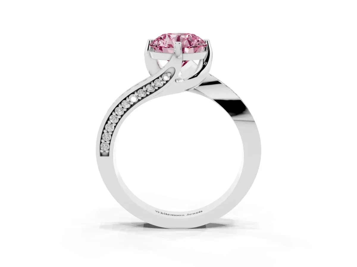 Fancy Pink Round Cut Solitaire Diamond Twist Band with Pavé Setting and Four-Prong Setting Silver