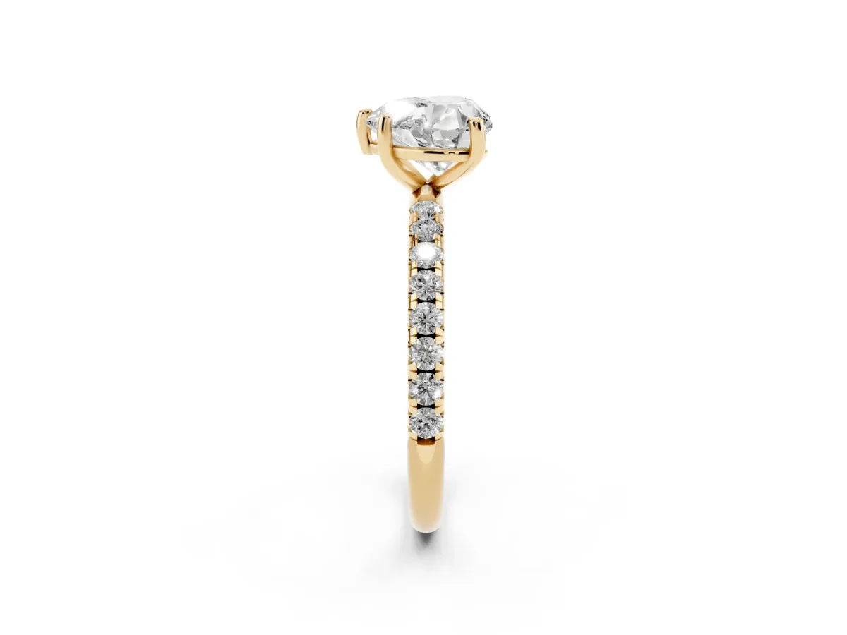 Heart Cut Cut Diamond Solitaire Ring with Micro Pave Band and Four Prong Setting Yellow gold