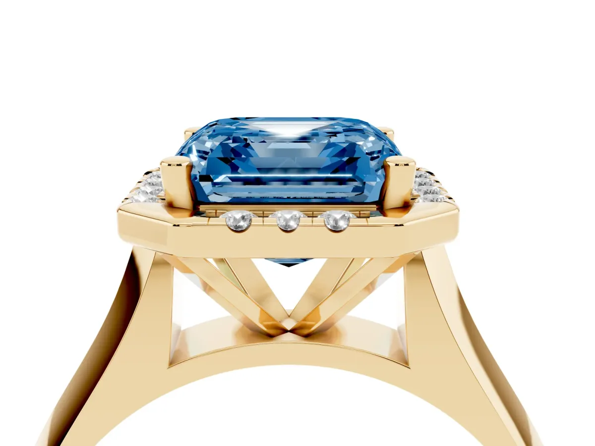 Fancy Blue Asscher Cut Cut Halo Solitaire Engagement Ring with Square Band and Four-Prong Setting Yellow gold