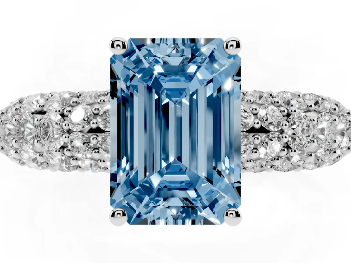 Fancy Blue Emerald Cut Diamond Pavé Band Solitaire Ring with Four-Prong Setting Silver