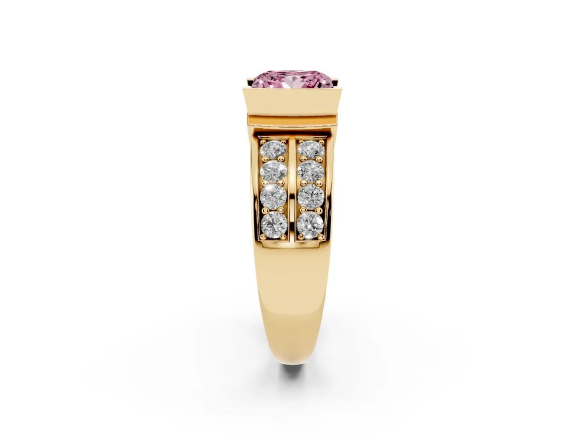 Fancy Pink Princess Cut Brilliant Diamond Channel Set Wide Band Ring with Bezel Setting Yellow gold