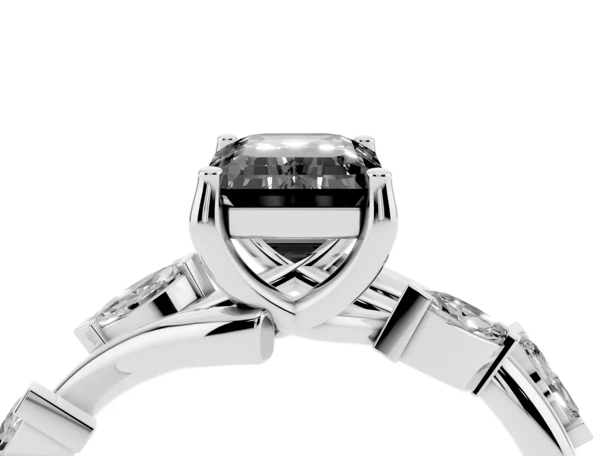 Fancy Black Emerald Cut Solitaire Twisted Band Marquise Accent Prong Setting Ring Platinum