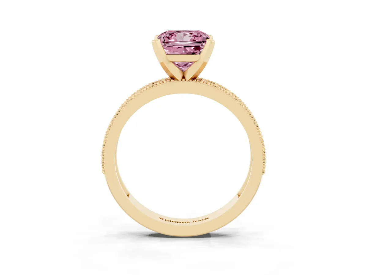 Fancy Pink Princess Cut Diamond Milgrain Pavé Engagement Ring with Four-Prong Setting Yellow gold