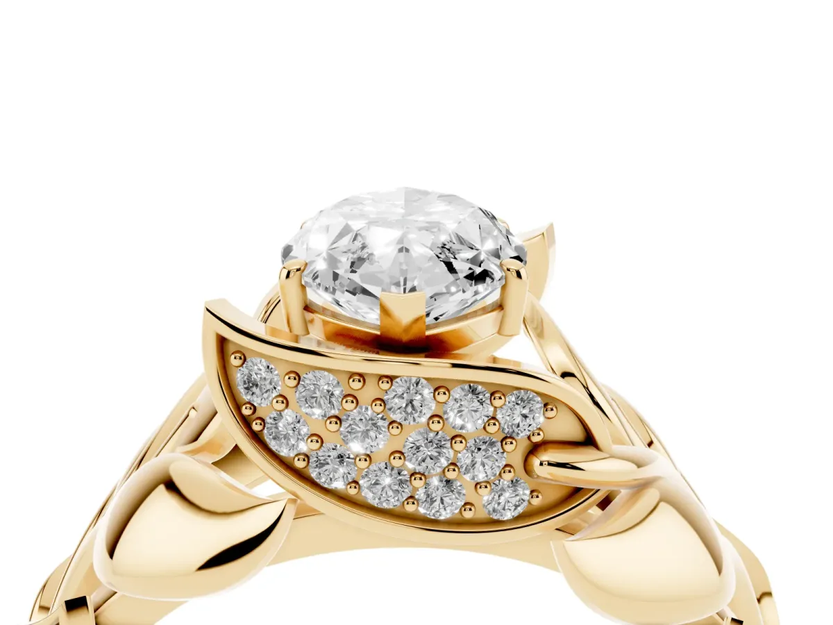 Marquise Cut Diamond Leaf-Inspired Engagement Ring with Round Accents and Prong Setting Yellow gold