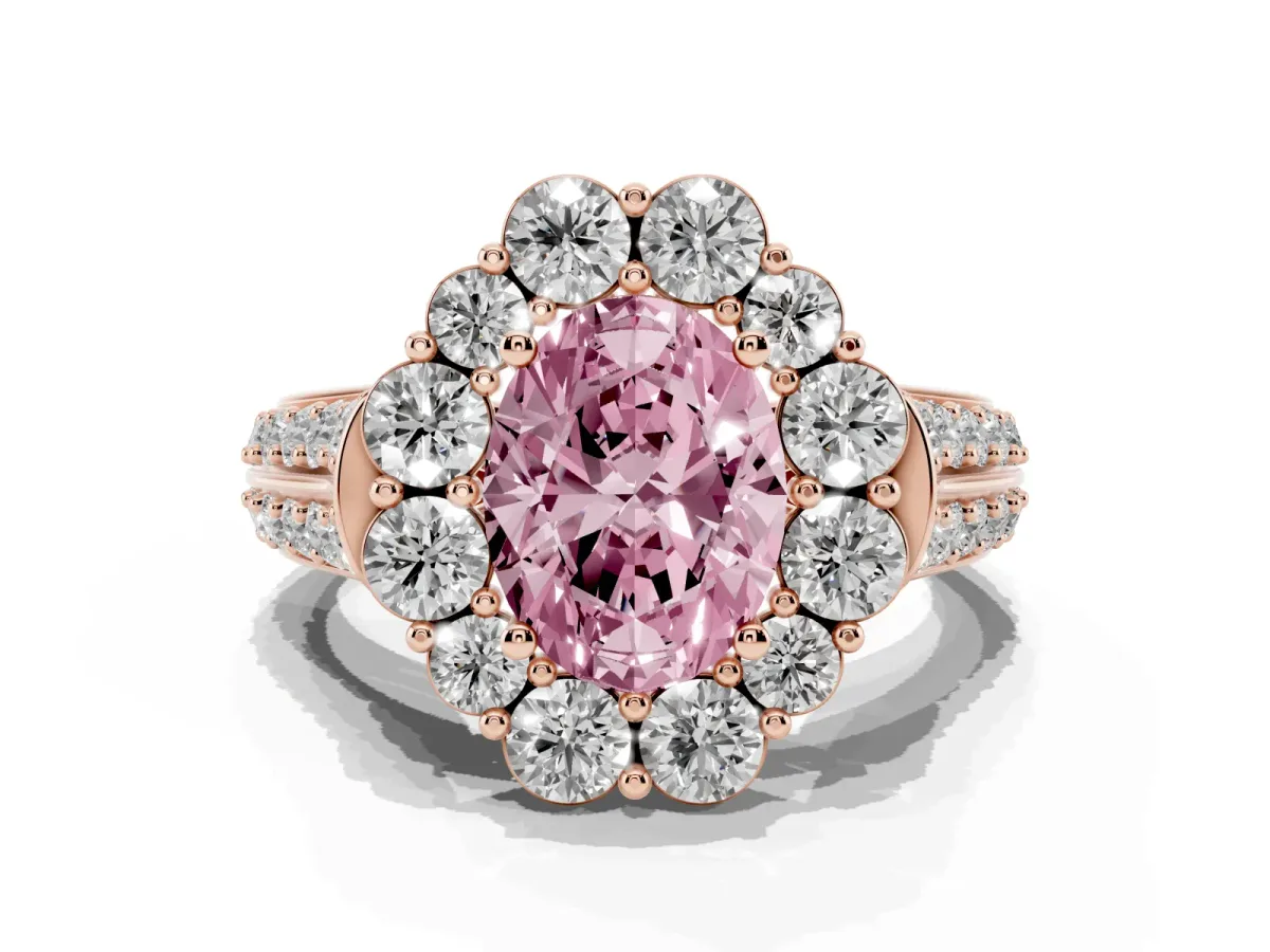 Fancy Pink Oval Cut Halo Diamond Engagement Ring with Split Shank and Prong Setting Rose gold