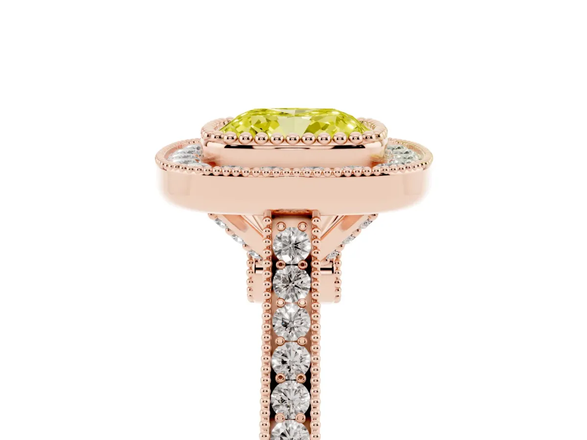 Fancy Yellow Cushion Cut Diamond Halo Ring with Milgrain Frame and Pavé Band Rose gold