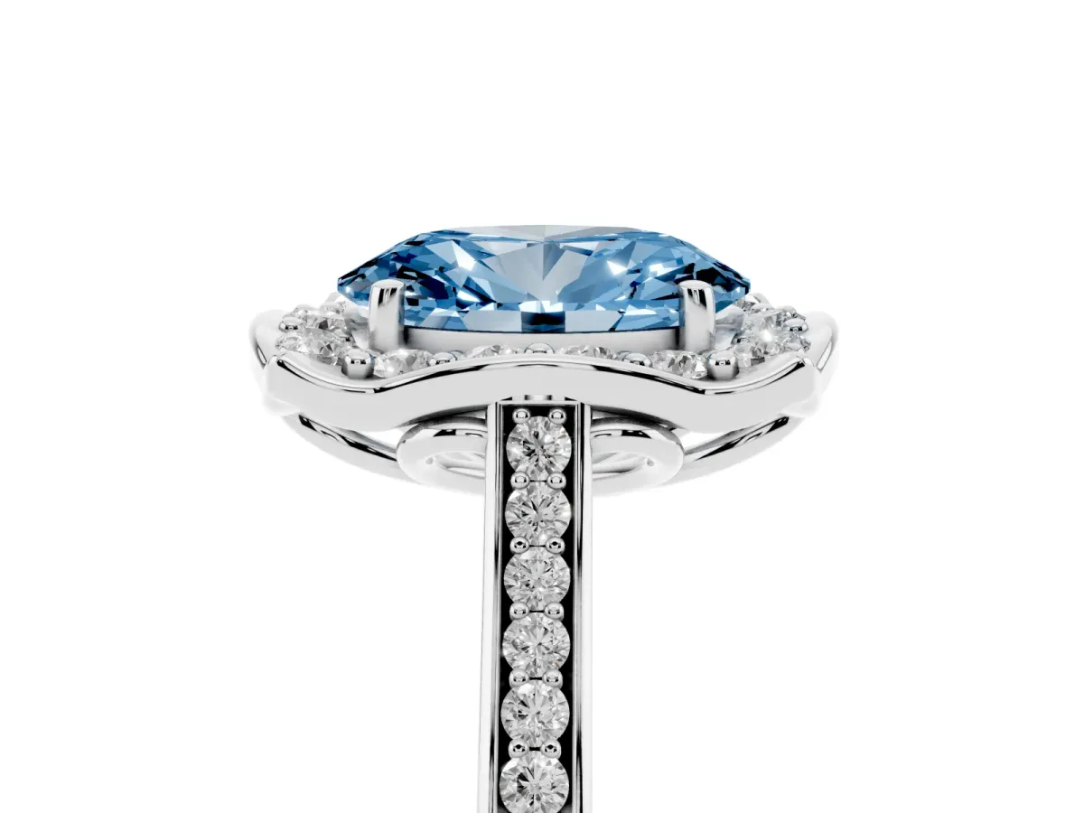 Fancy Blue Oval Cut Halo Round Diamond Pave Band with Four-Prong Setting Silver
