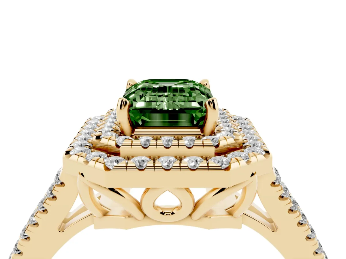 Fancy Green Emerald Cut Diamond Double Halo Ring with Pavé Band and Prong Setting Yellow gold
