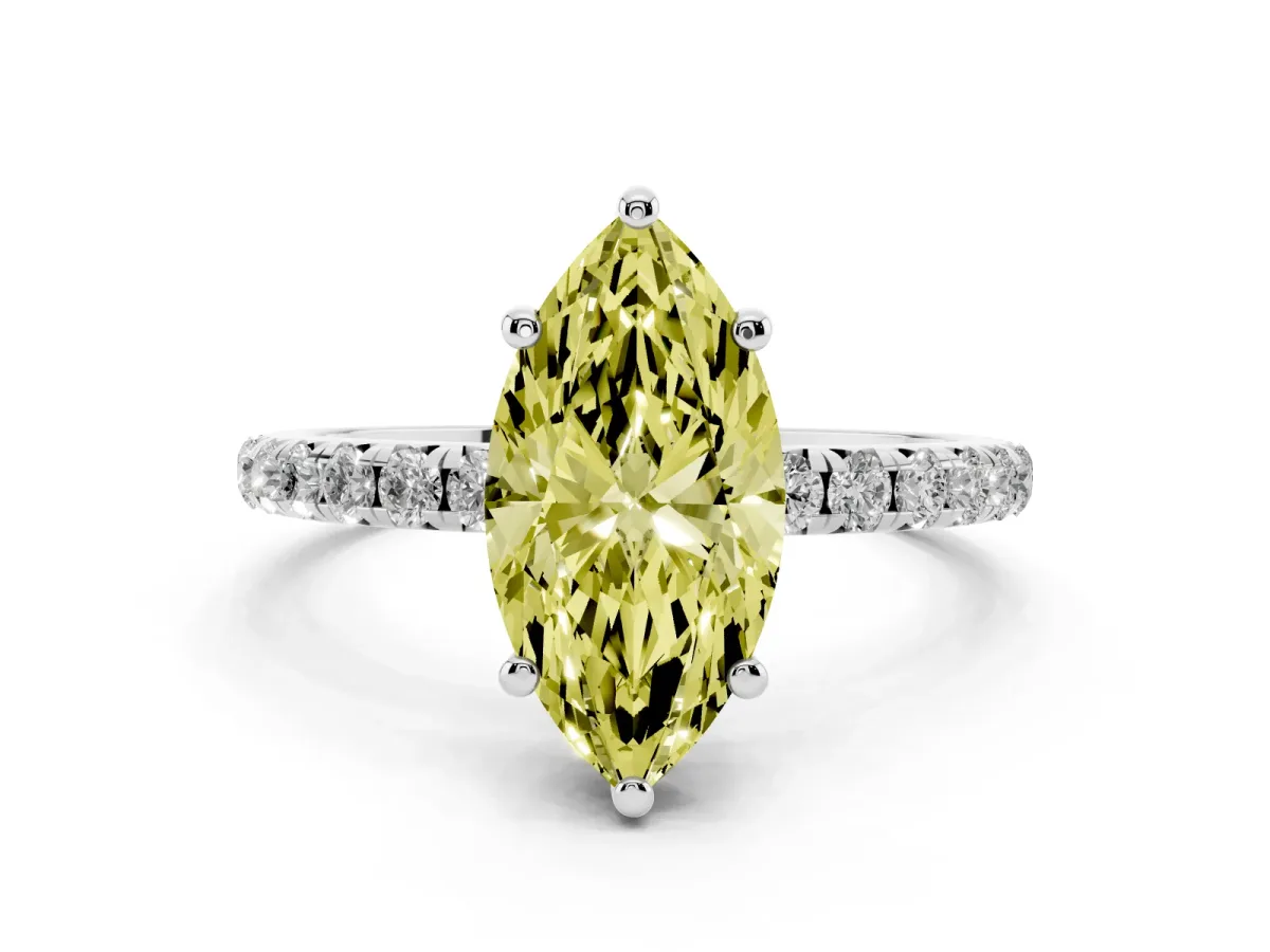Fancy Yellow Marquise Cut Cut Diamond Solitaire Ring with Micro Pave Band and Four Prong Setting Silver