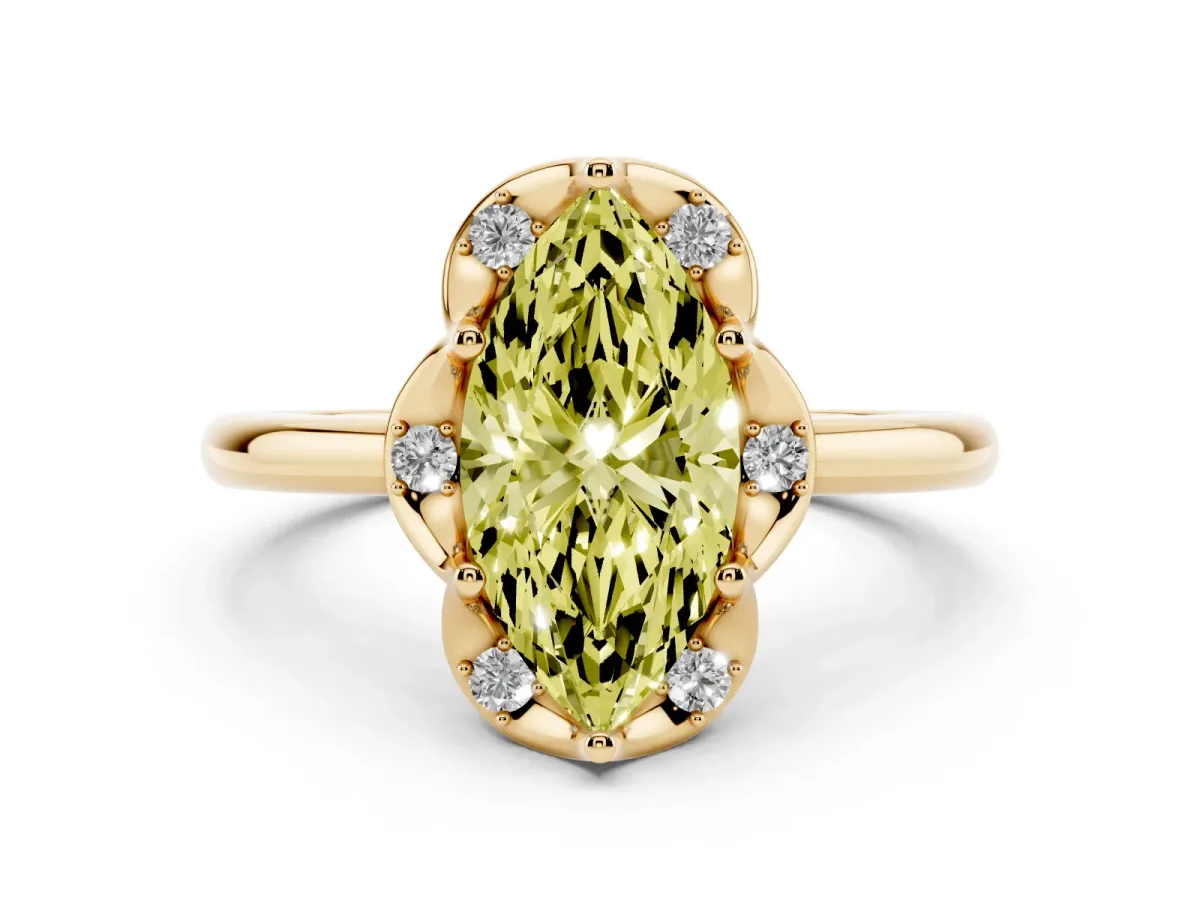 Fancy Yellow Marquise Cut Halo Diamond Ring with Round Cluster Setting, Solitaire Band, and Four-Prong Setting Yellow gold