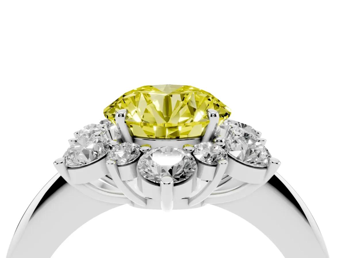 Fancy Yellow Round Cut Diamond Cluster Halo Ring with Solitaire Band and Four-Prong Setting White gold