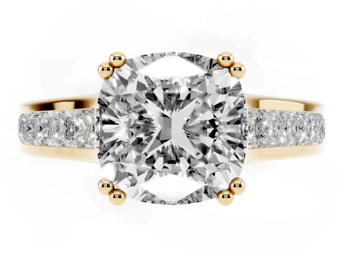 Cushion Cut Cut Channel Set Solitaire Engagement Ring with Prong Setting Yellow gold