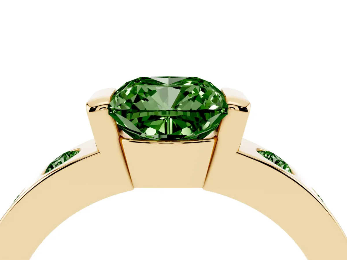 Fancy Green Cushion Cut Brilliant Channel-Set Diamond Ring with Bezel Prong Setting Yellow gold