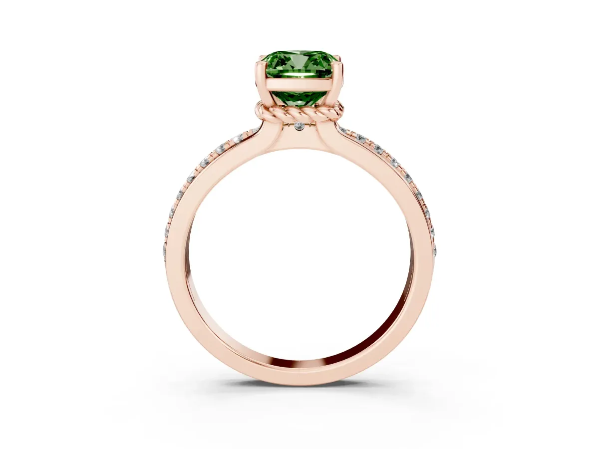 Fancy Green Cushion Cut Solitaire Diamond Ring with Channel Set Band and Six-Prong Setting Rose gold
