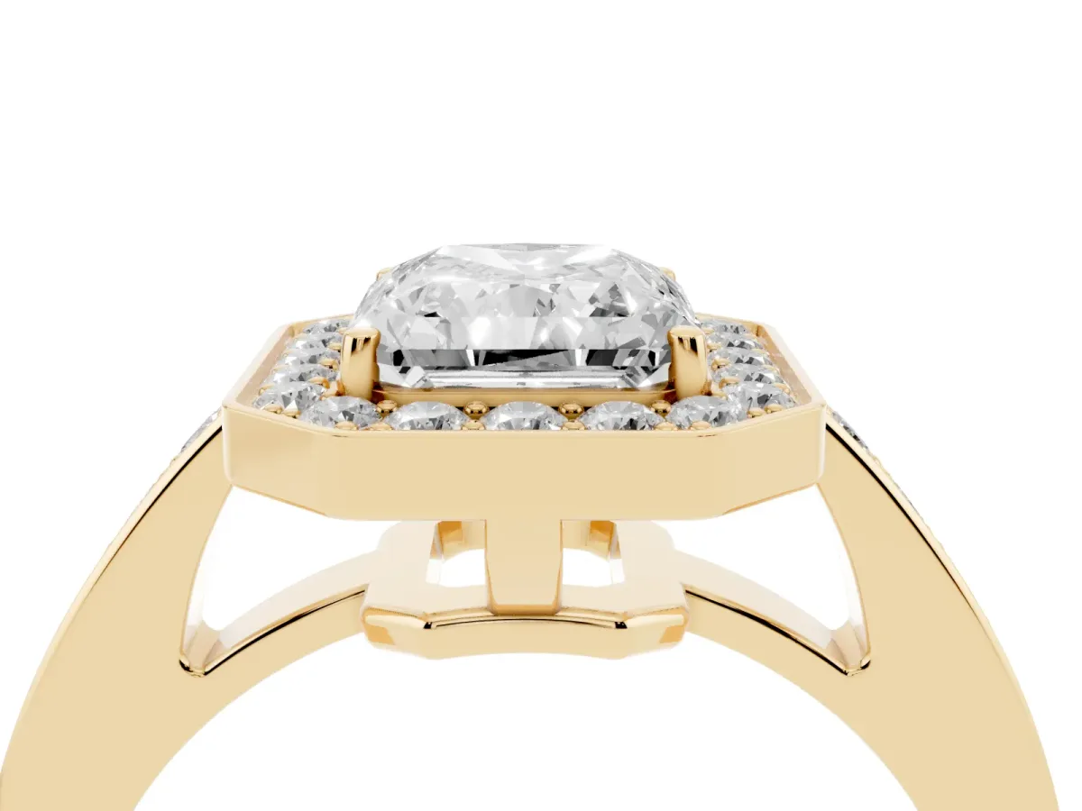 Radiant Cut Halo Pavé Diamond Engagement Ring with Bezel Setting Yellow gold