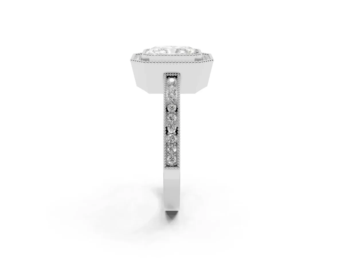 Radiant Cut Cut Halo Diamond Ring with Pavé Band and Milgrain Prong Setting Silver