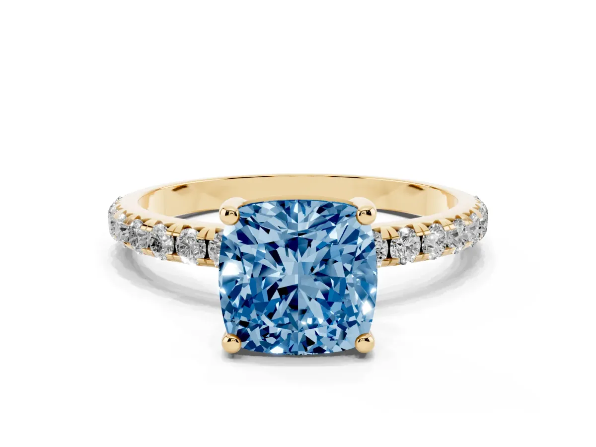 Fancy Blue Cushion Cut Cut Diamond Solitaire Ring with Micro Pave Band and Four Prong Setting Yellow gold