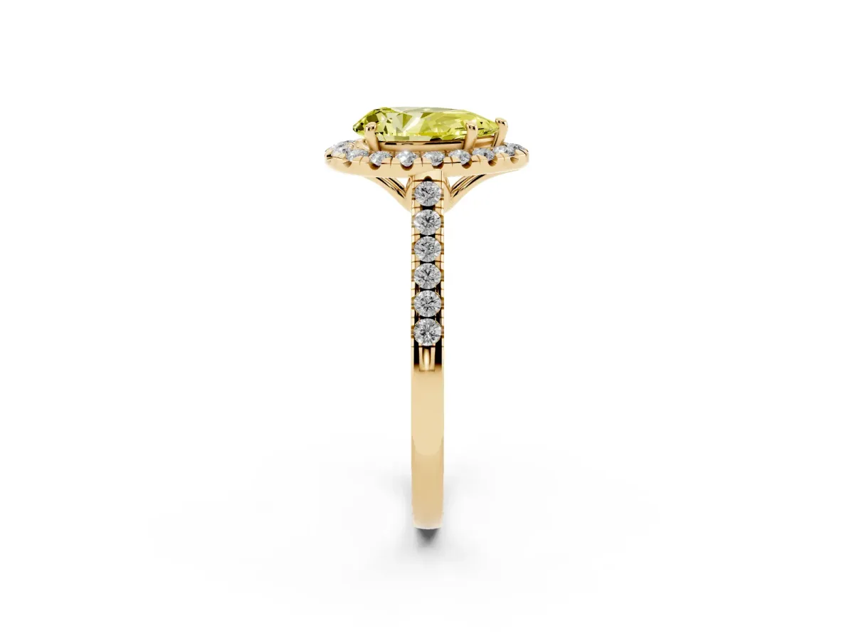 Fancy Yellow Pear Cut Halo Pavé Diamond Engagement Ring with Four-Prong Setting Yellow gold