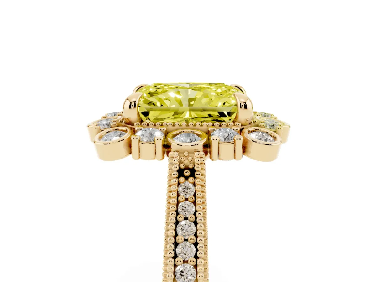 Fancy Yellow Radiant Cut Halo Milgrain Pave Diamond Ring with Four-Prong Setting Yellow gold