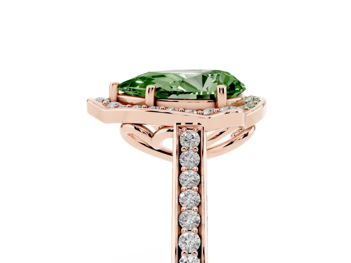Fancy Green Pear Cut Halo Round Diamond Pave Band with Four-Prong Setting Rose gold