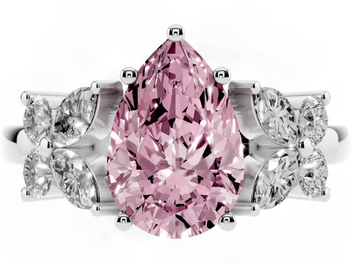 Fancy Pink Pear Cut Diamond Floral Cluster Ring with Solitaire Band and Prong Setting White gold