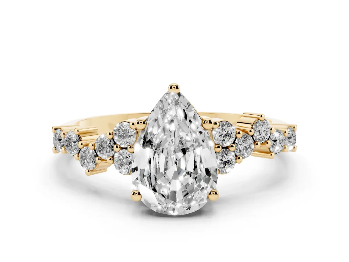 Pear Cut Diamond Scattered Round Accent Ring with Prong Setting Yellow gold