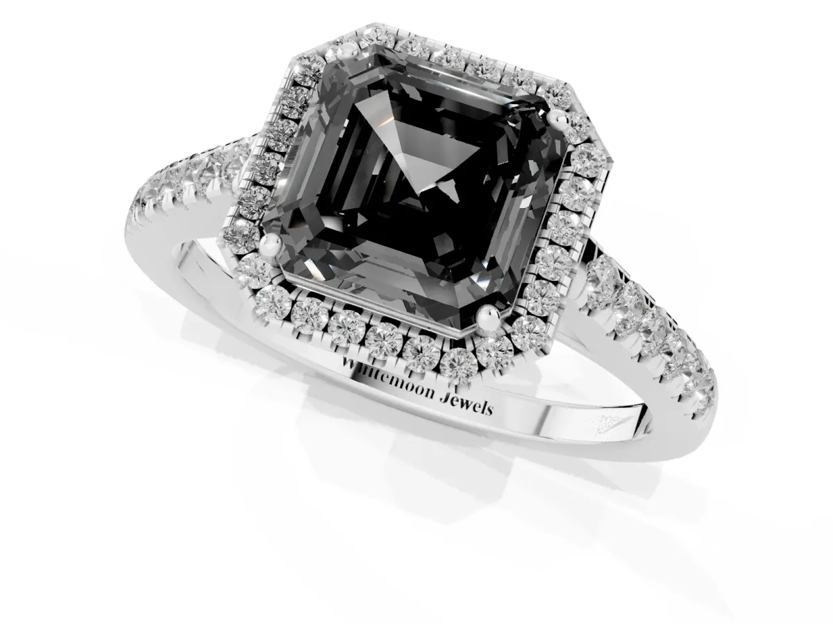 Fancy Black Asscher Cut Halo Pave Diamond Engagement Ring with Four-Prong Setting Silver