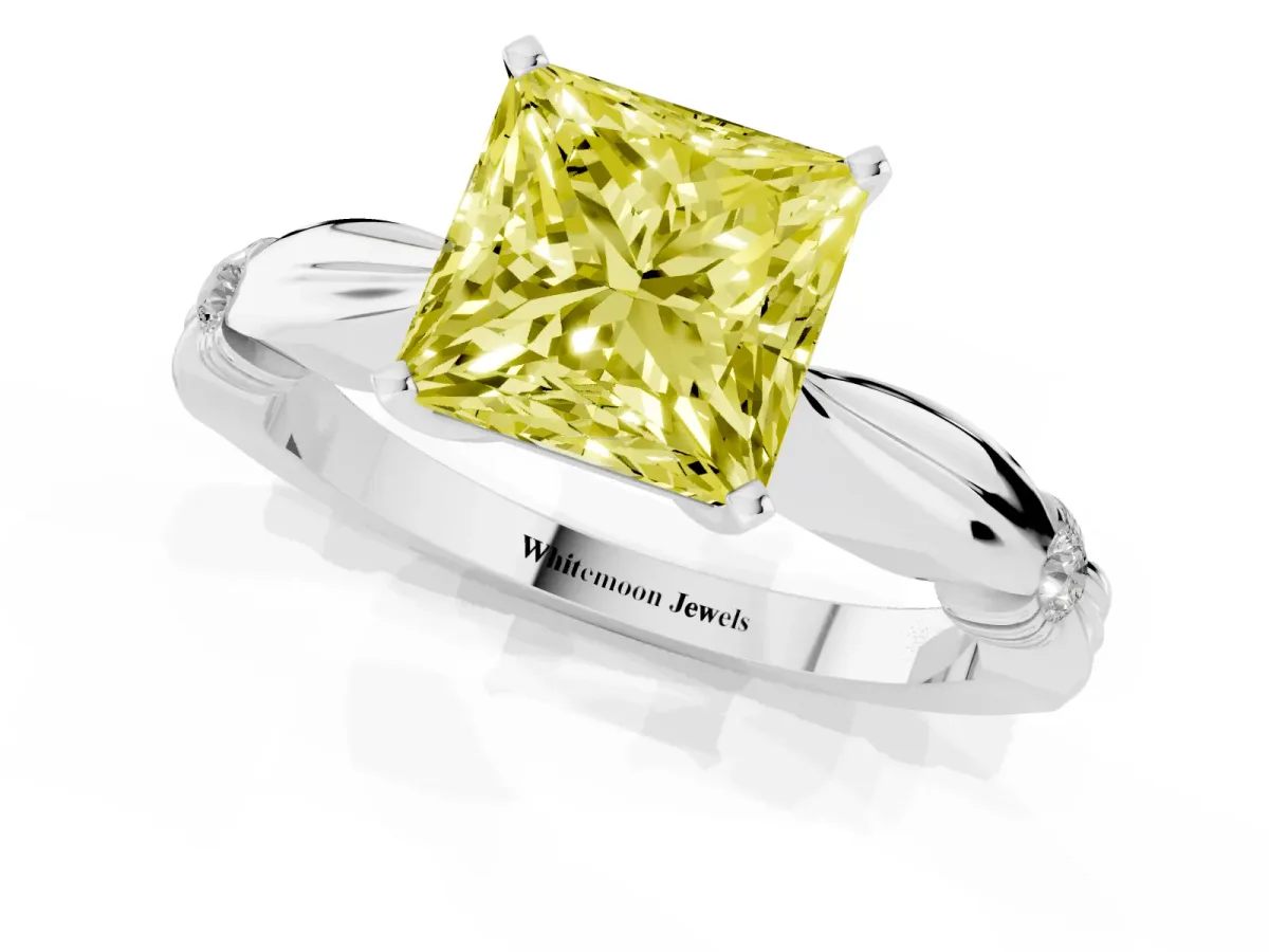 Fancy Yellow Princess Cut Solitaire Diamond Twisted Band with Four-Prong Setting Platinum